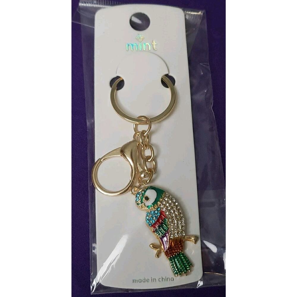 Mint Multicolor Parrot Bird Rhinestone Purse Charm Key Ring Chain Gold Tone New